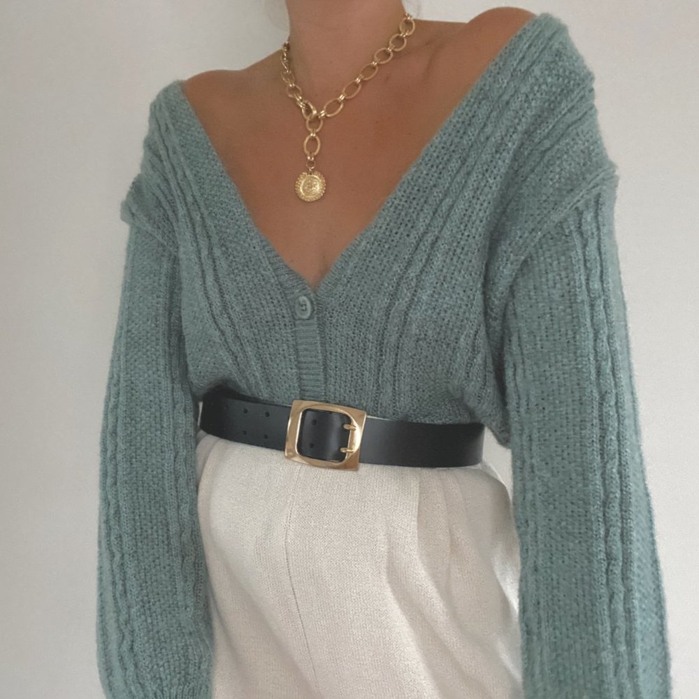 Vintage L.L. Bean Sage Green Mohair Cable Knit Cardigan Sweater - Picture 10 of 13